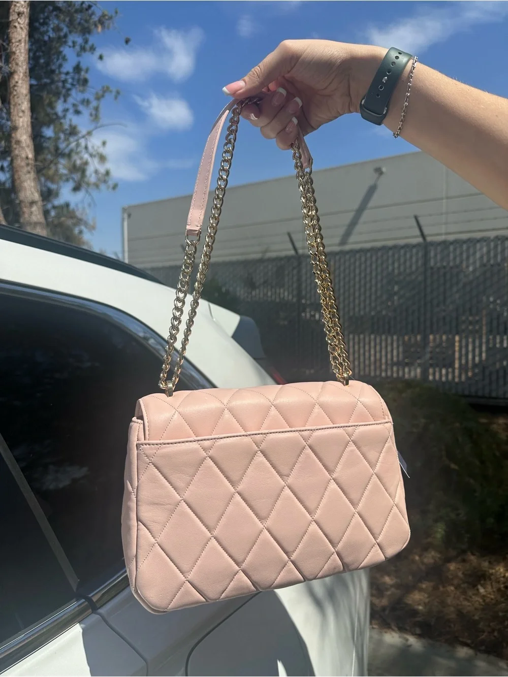 kate spade Quilted Leather Shoulder Bag in Light Pink with Gold Chain